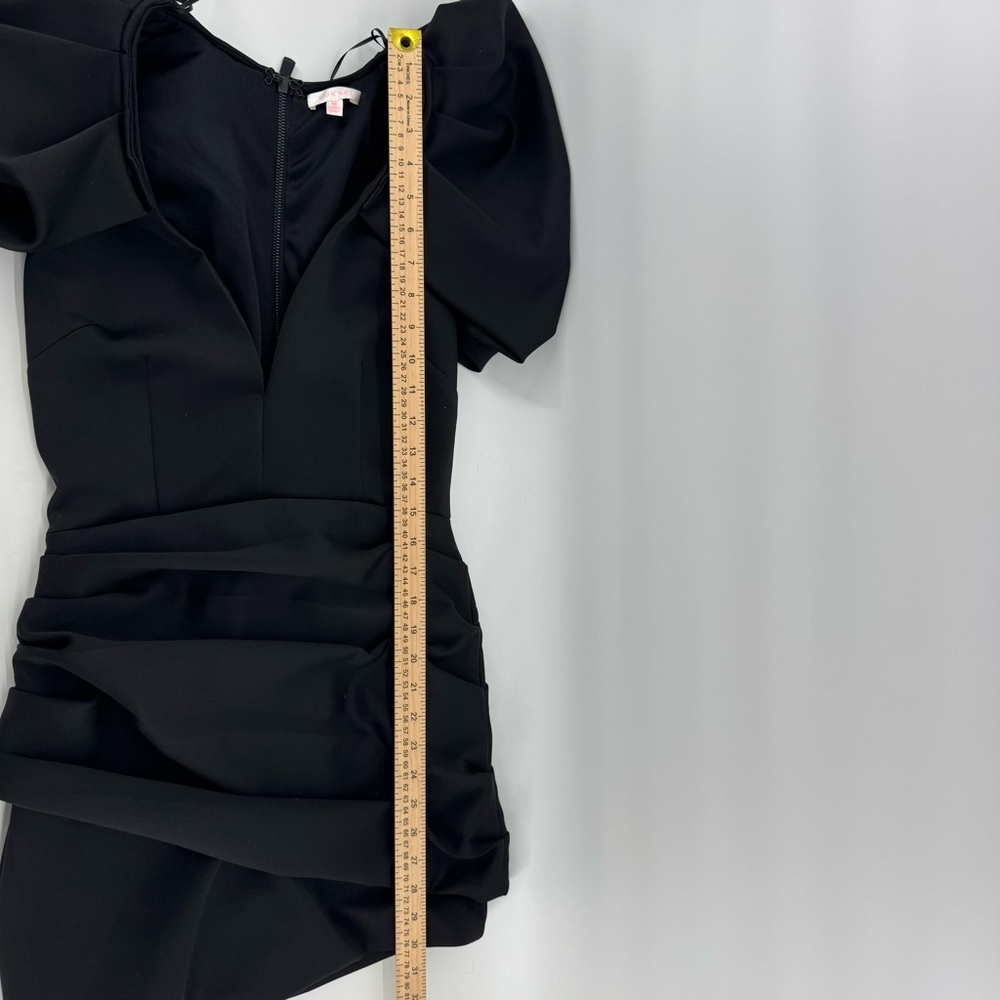 Luxxel Black Ruched Mini Dress Statement Puffy Sleeves V-Neck Sz M - Picture 13 of 13